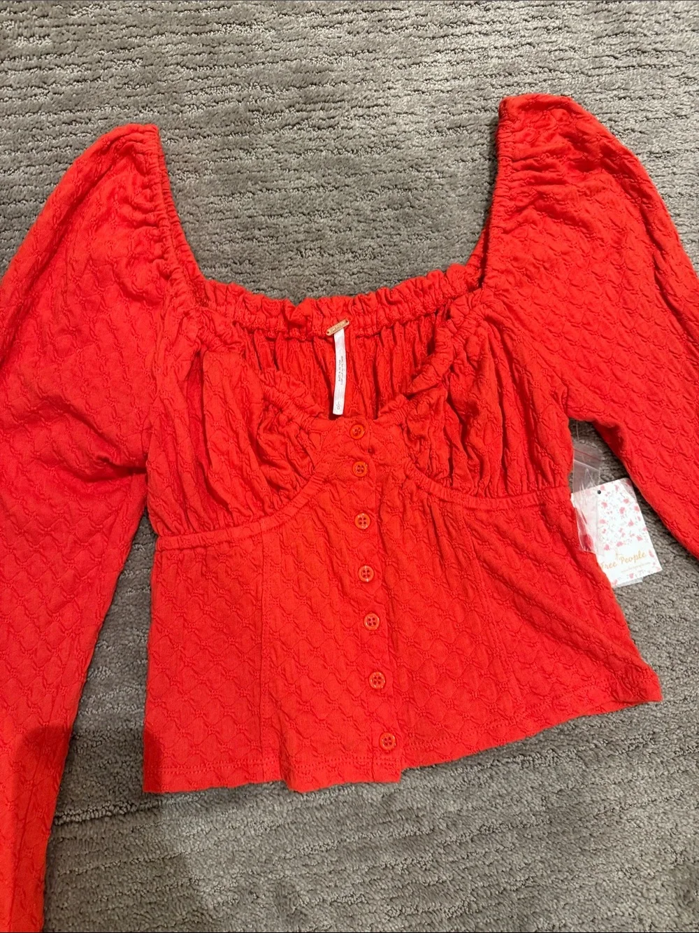 Free People Red Long-Sleeve Square Neck Crop Top large